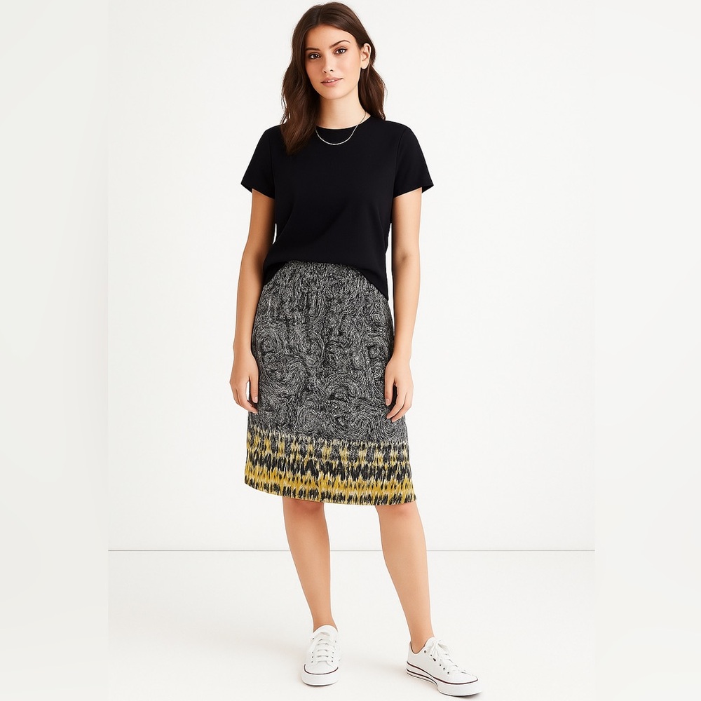 New Christopher & Banks Paisley Print Skirt Black White Chartreuse New With Tags - Picture 2 of 10
